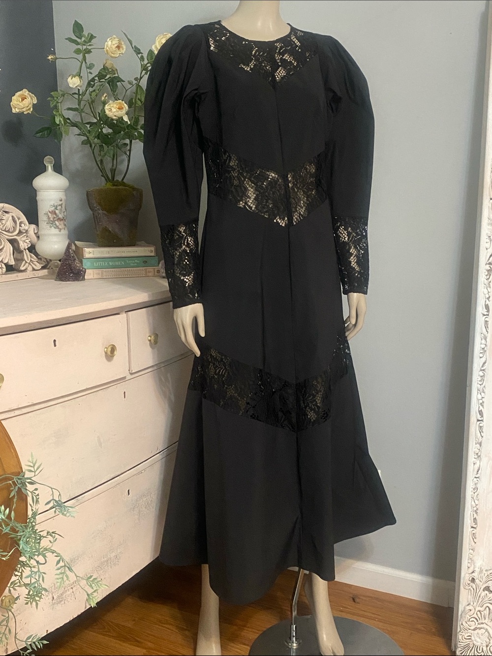 RARE Gothic Edwardian Victorian mourning dress black lace prairie dress